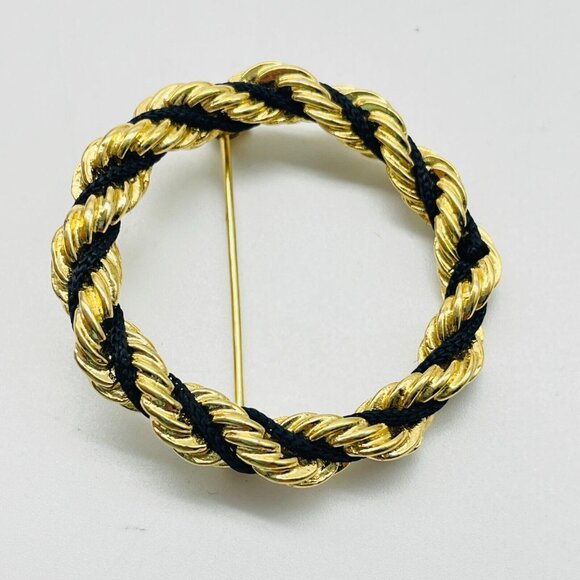 Twisted Chain Circle Pin Gold Tone Black Chain Wreath Classic Career Workwear - Picture 4 of 6